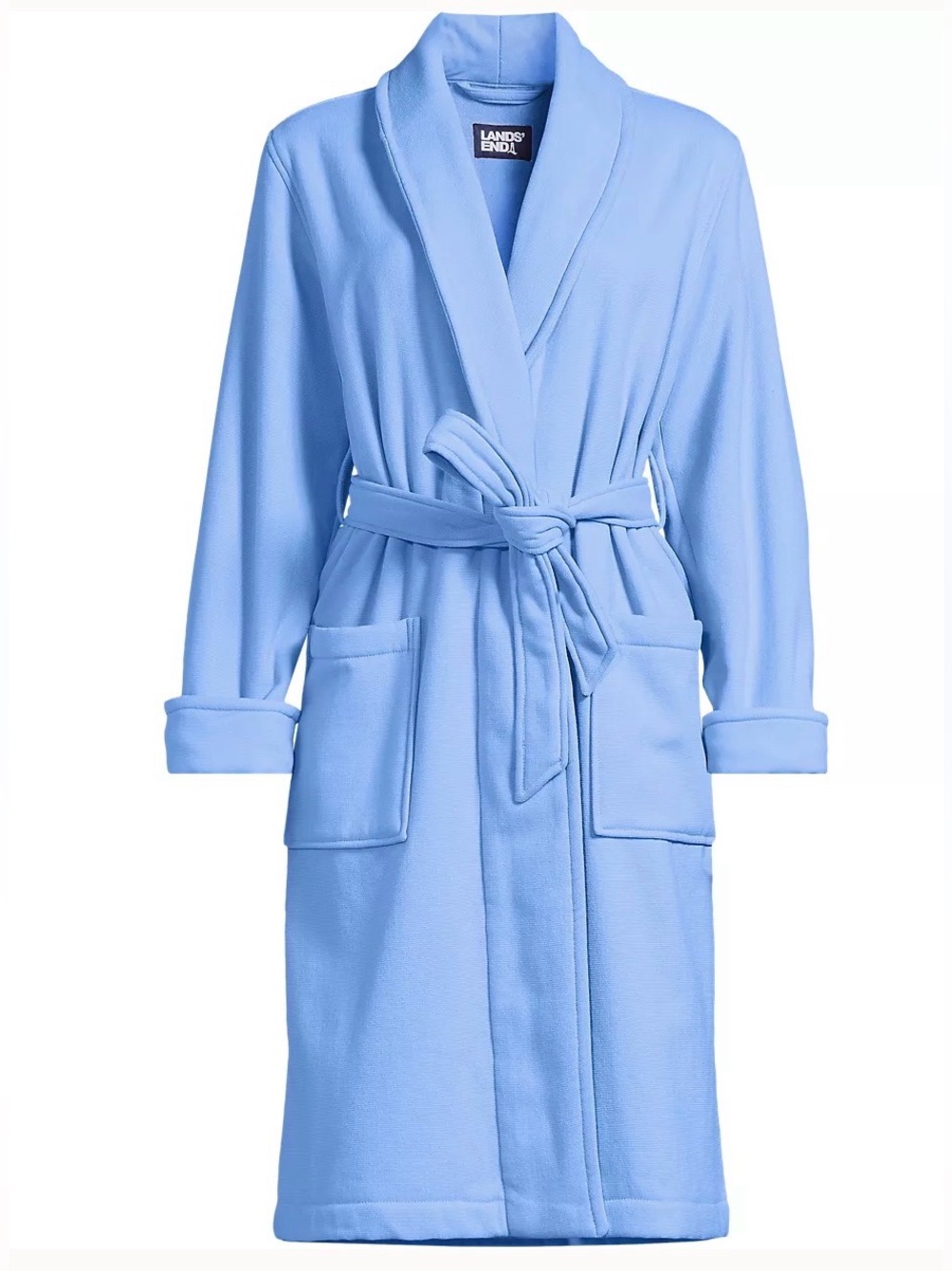 NEW Lands End Women 100% Cotton Terry Knee Length Spa Bath Robe MEDIUM Blue $109